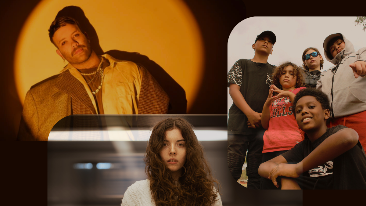 First Sounds event graphic collage featuring portraits of Indigenous musicians and a group of young performers under warm yellow lighting.